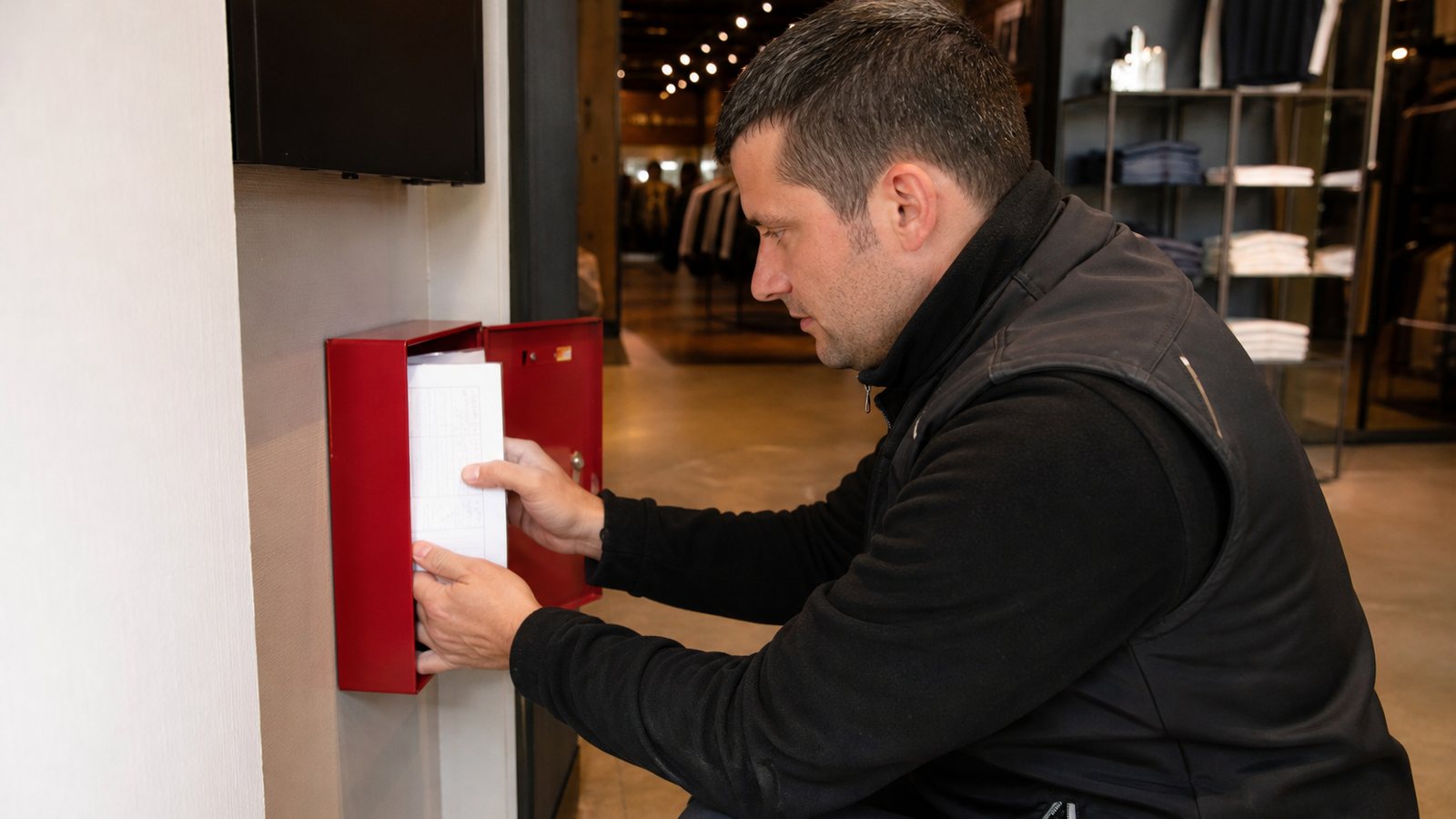 Zone de chantier cloisonnée dans un commerce, avec une issue de secours maintenue dégagée et signalée